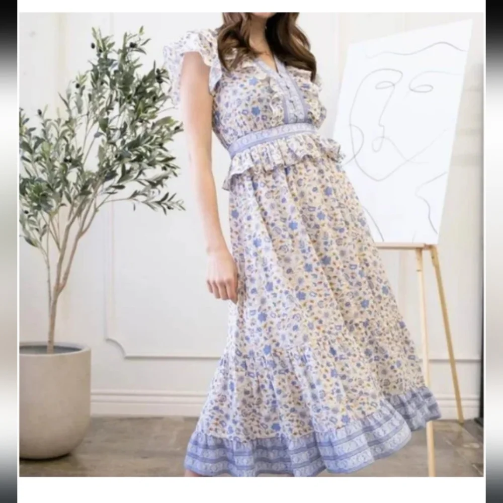 By The River Floral Blue and Cream Women's Dress - Picture 2 of 7